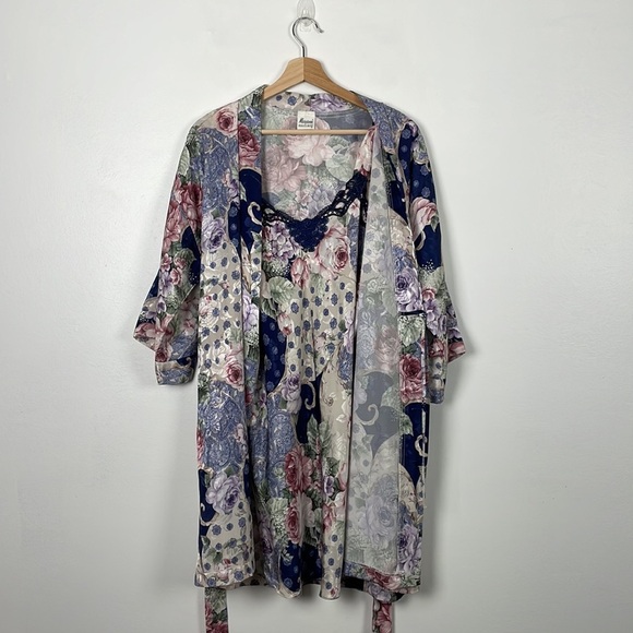 Maryann's 2 piece gown women vintage size medium floral satin 2 pockets belt - Picture 6 of 13